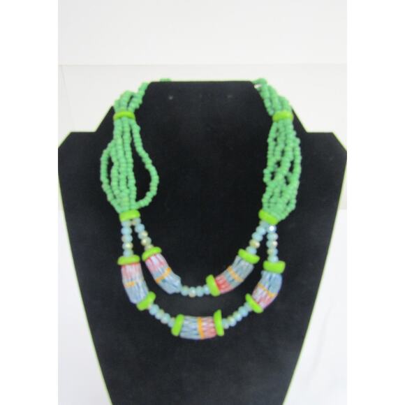 Green Beaded Aztec Double Layer Necklace Boho Cottagecore Hippie Festive 36" - Picture 1 of 6